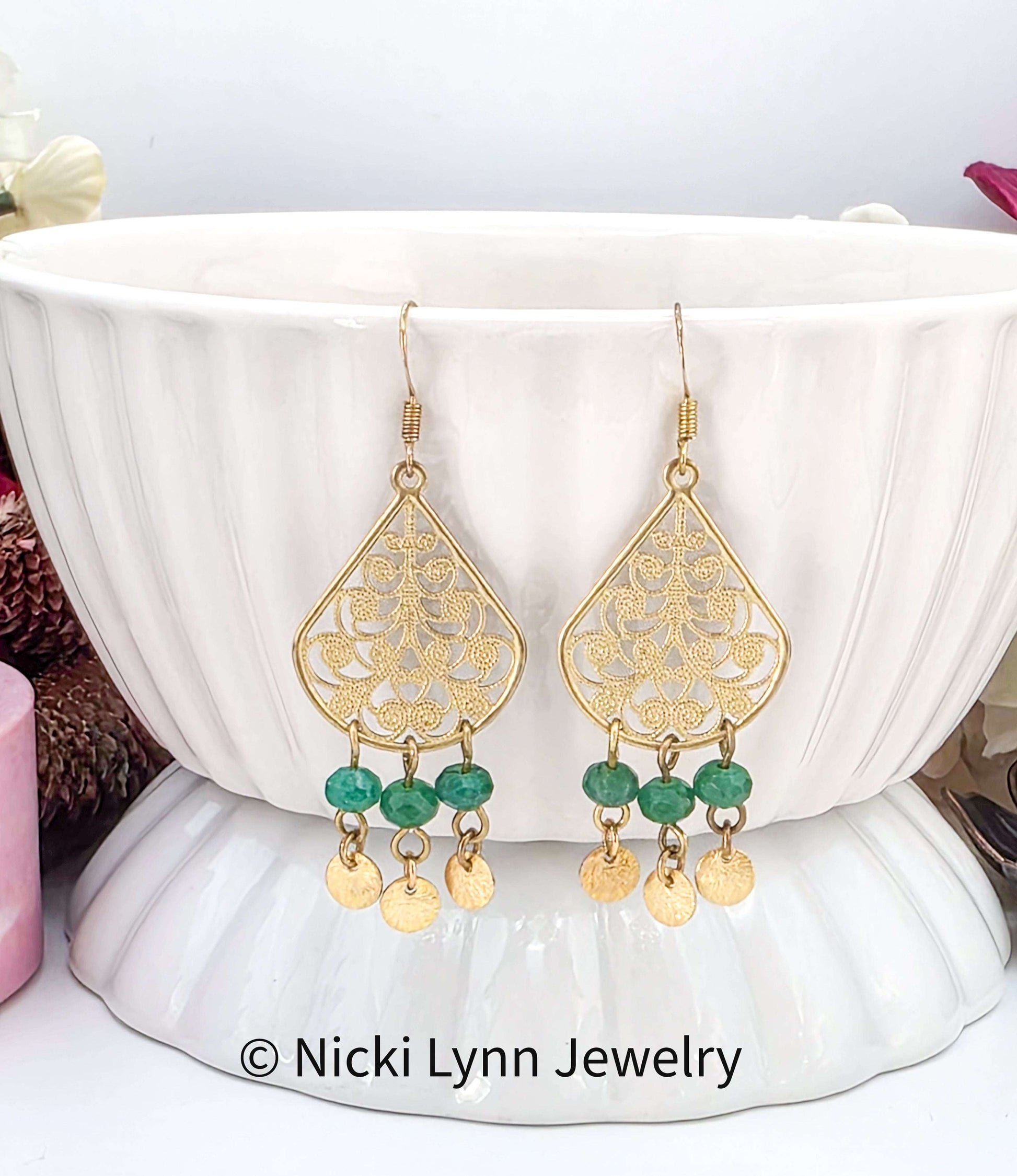 Golden Filigree Teardrop Earrings with Green Semi Precious Stones, Nicki Lynn Jewelry 