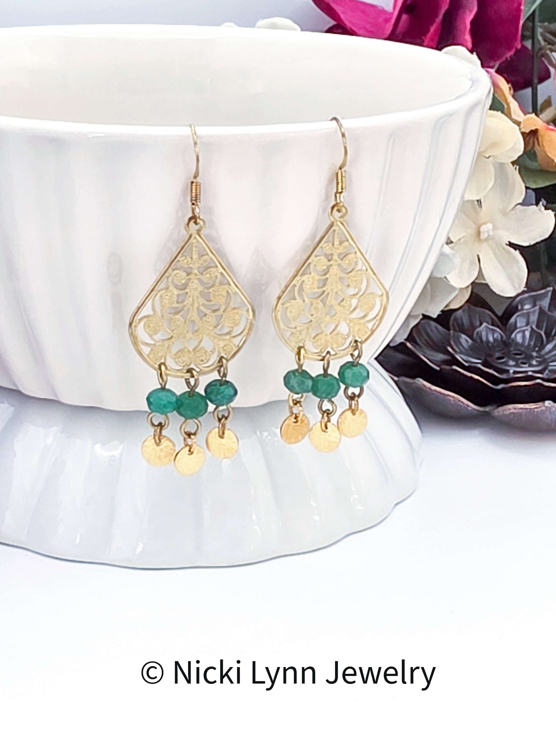 Golden Filigree Teardrop Earrings with Green Semi Precious Stones, Nicki Lynn Jewelry 