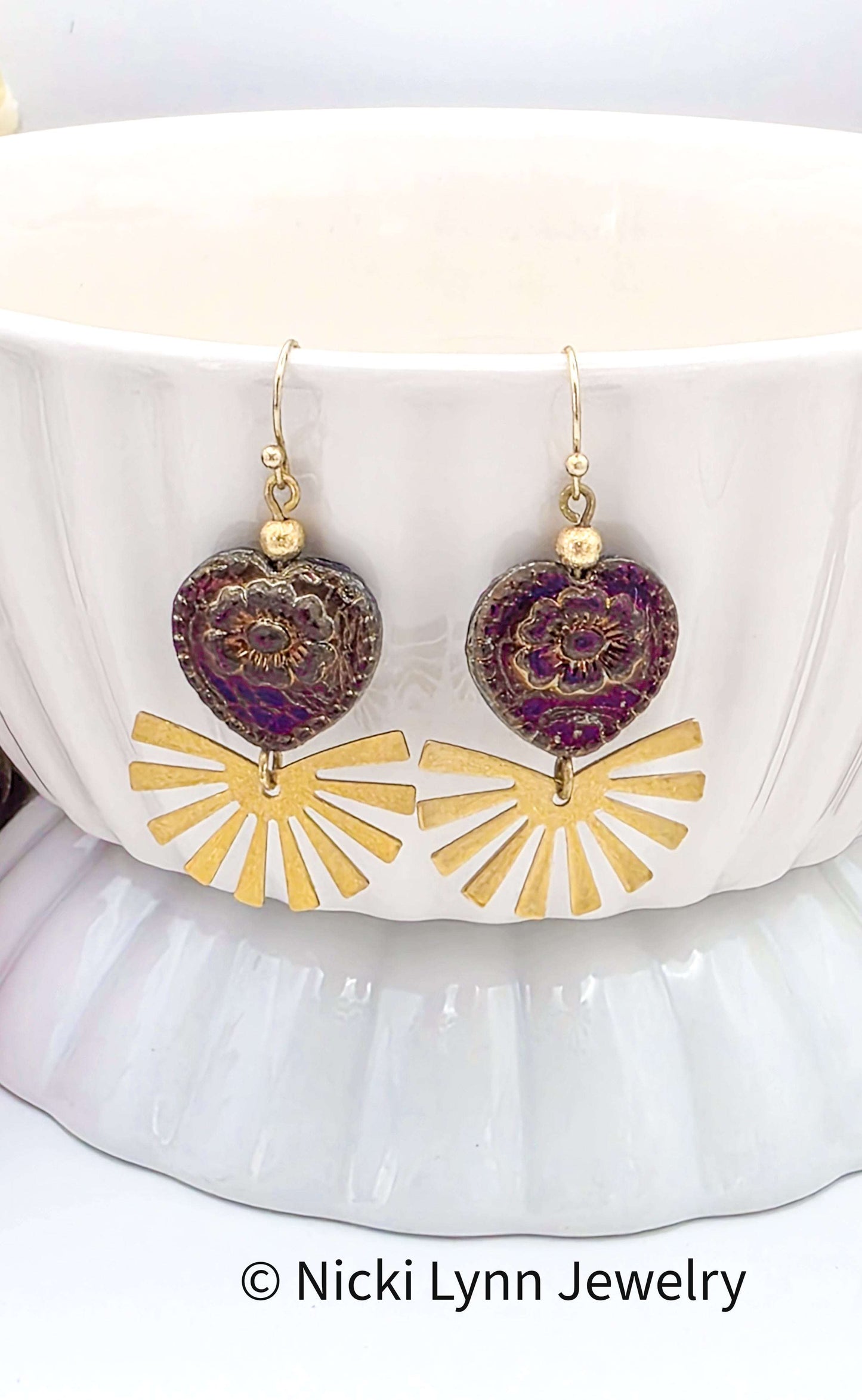 Czech Glass Heart Earrings with Textured Brass Sunburst Drops, Nicki Lynn Jewelry