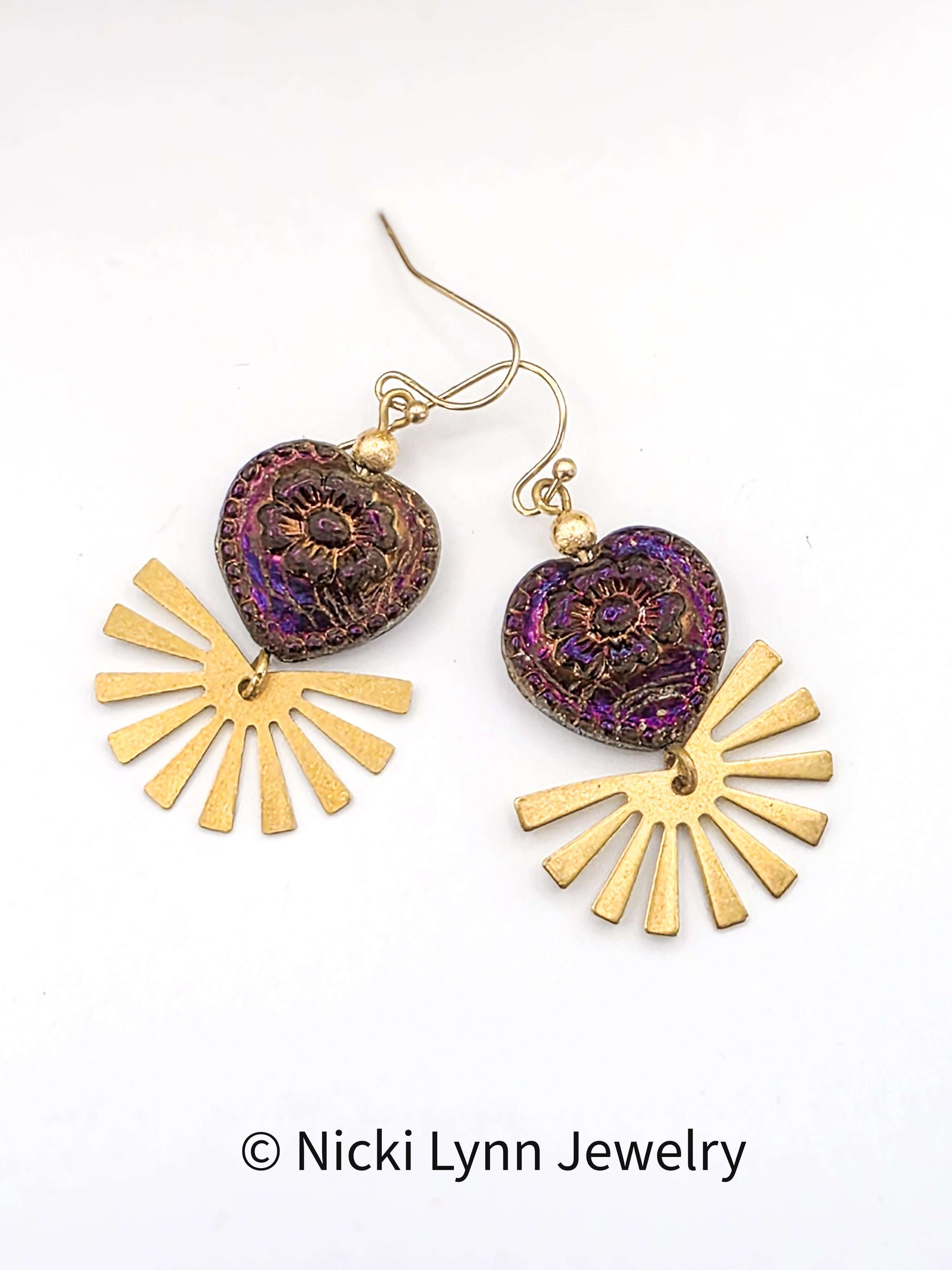 Czech Glass Heart Earrings with Textured Brass Sunburst Drops, Nicki Lynn Jewelry