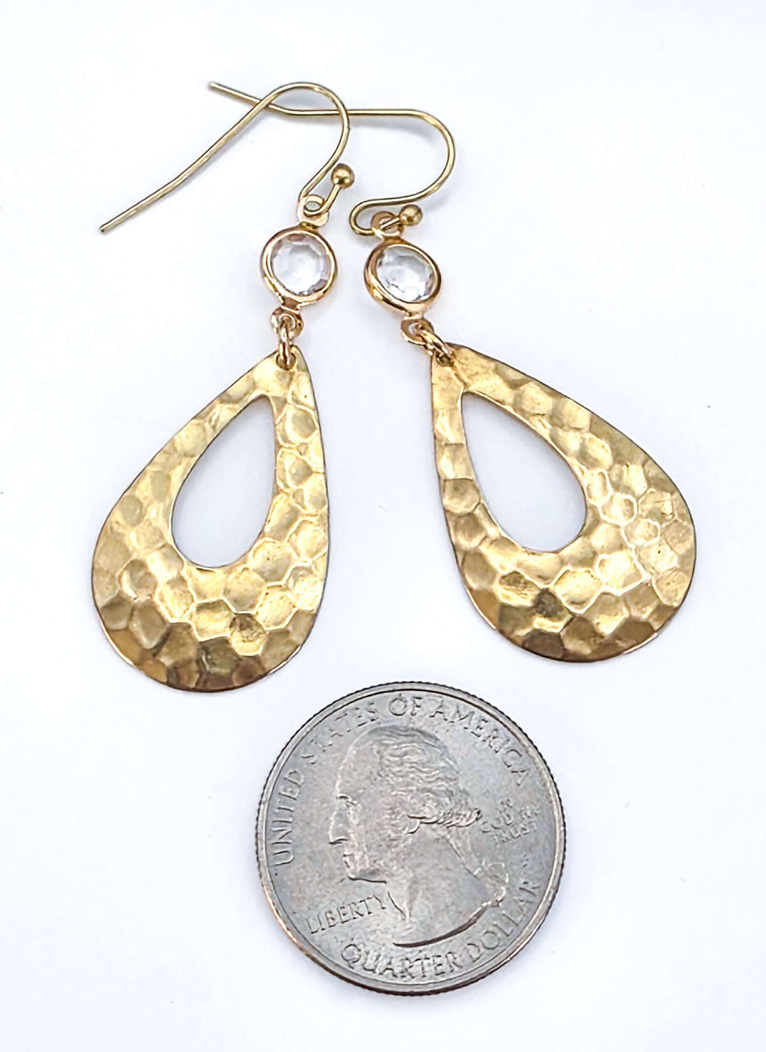 Brass and Crystal Hammered Teardrop Earrings, Nicki Lynn Jewelry 