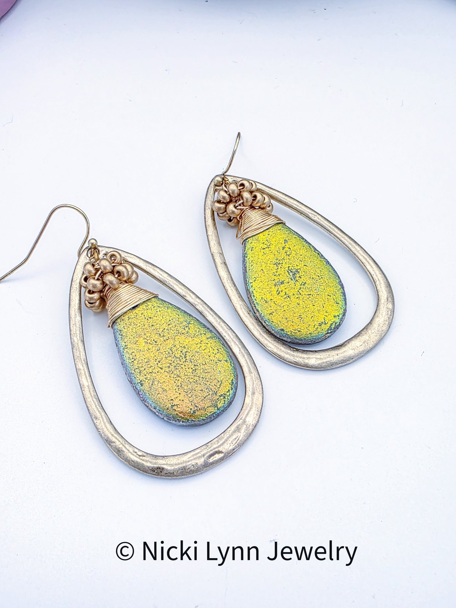 Iridescent Czech Glass Teardrop Earrings with Gold Frame, Nicki Lynn Jewelry