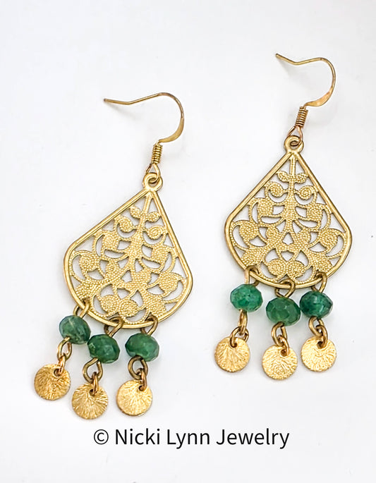 Golden Filigree Teardrop Earrings with Green Semi Precious Stones, Nicki Lynn Jewelry 
