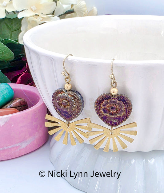 Czech Glass Heart Earrings with Textured Brass Sunburst Drops, Nicki Lynn Jewelry