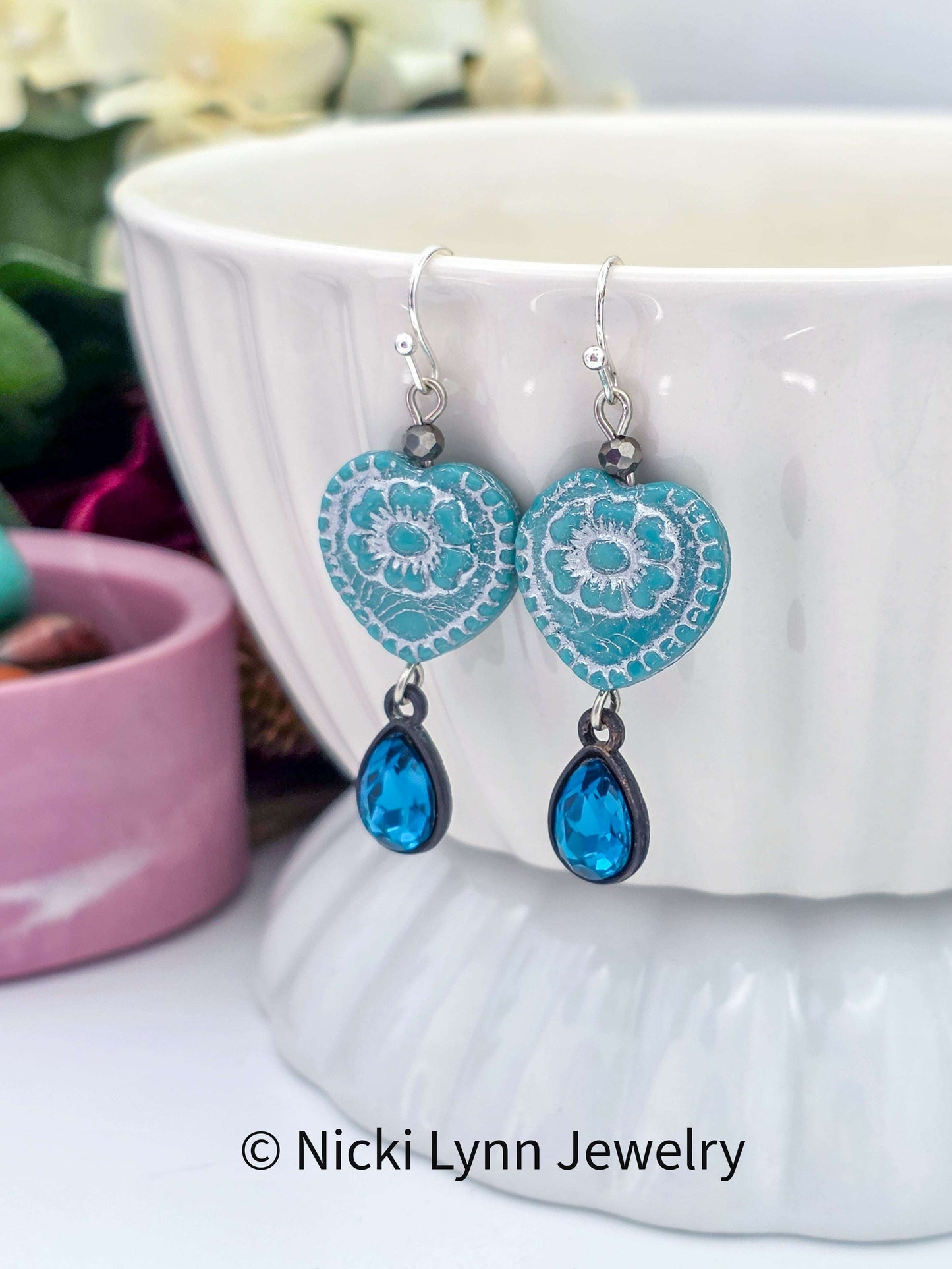 Blue Heart Crystal Teardrop Dangle Earrings, Nicki Lynn Jewelry 