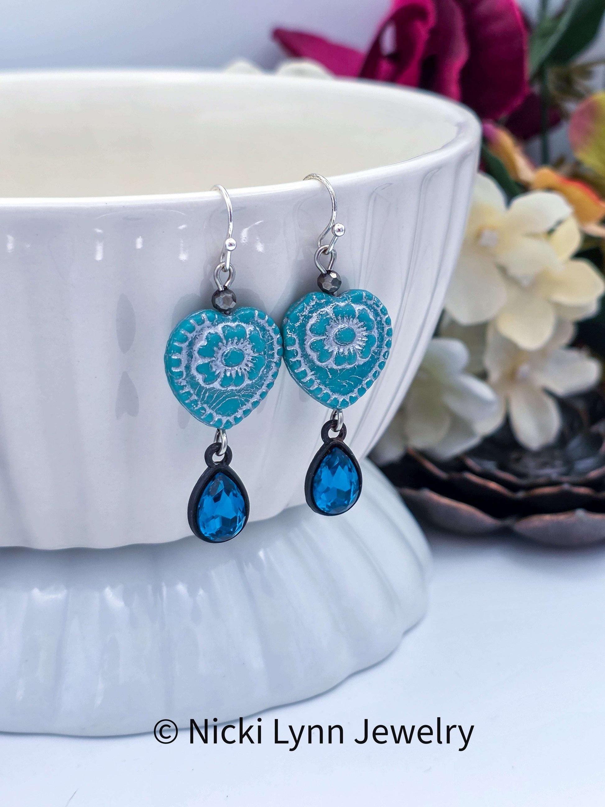 Blue Heart Crystal Teardrop Dangle Earrings, Nicki Lynn Jewelry 