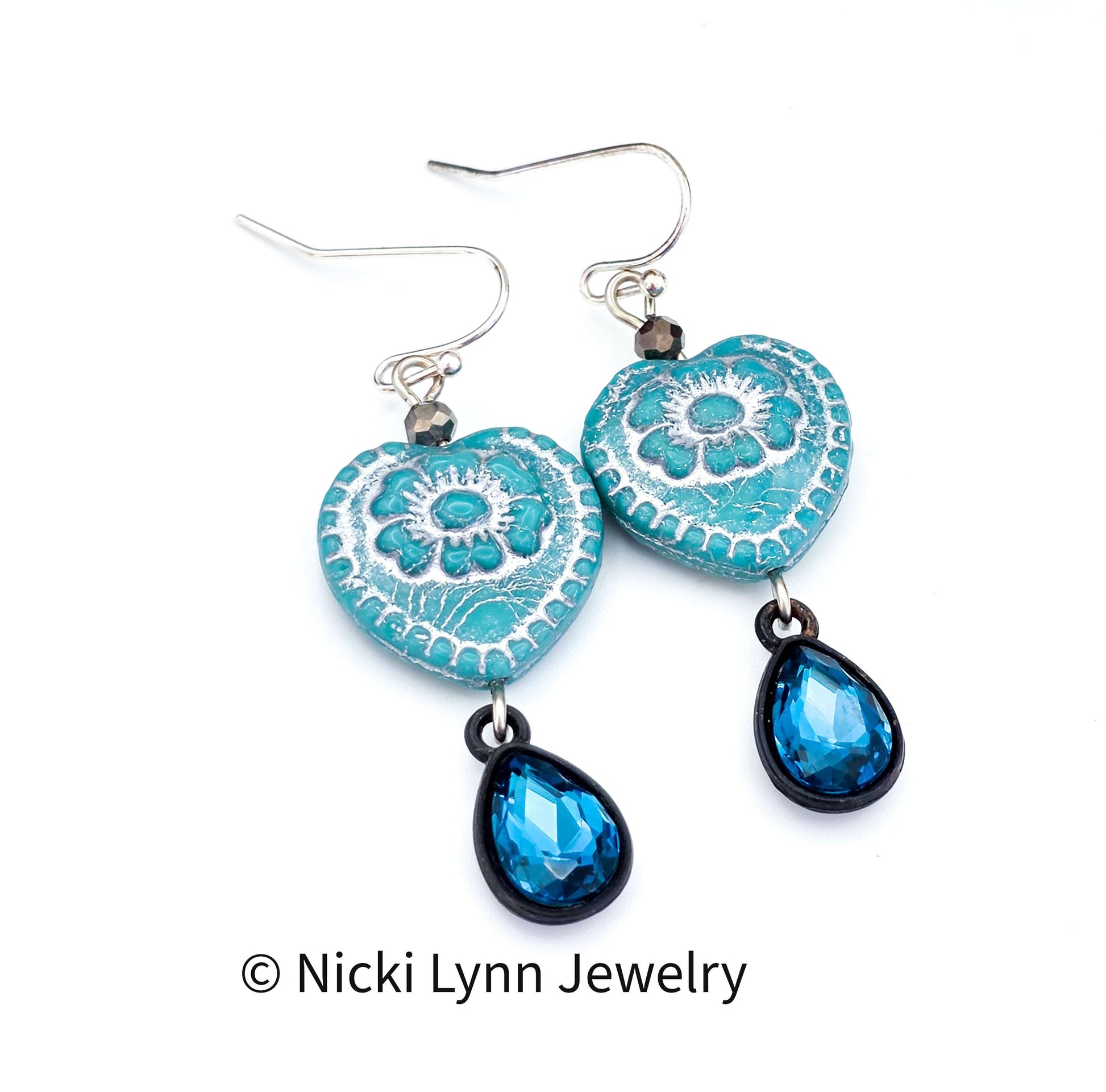 Blue Heart Crystal Teardrop Dangle Earrings, Nicki Lynn Jewelry 
