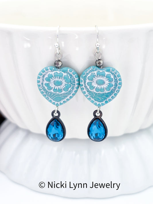 Blue Heart Crystal Teardrop Dangle Earrings, Nicki Lynn Jewelry 