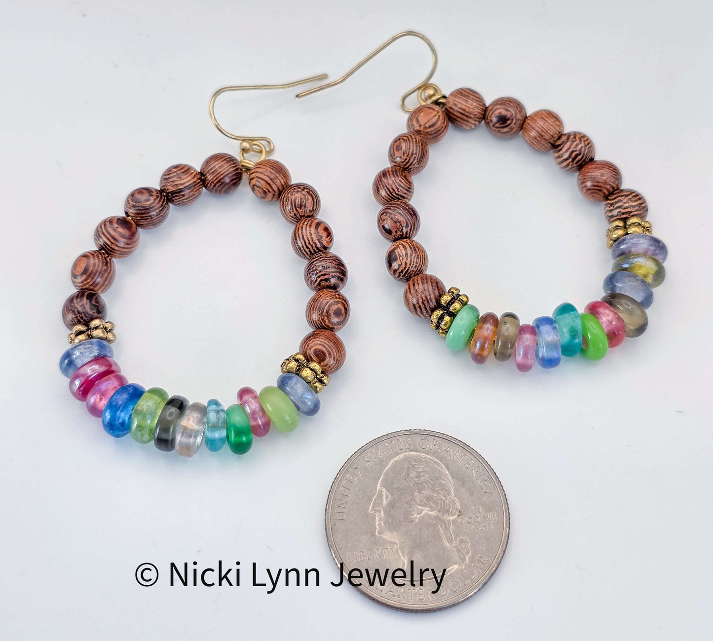Rosewood Bead Hoop Earrings with Multicolor Glass Beads, Nicki Lynn Jewelry 