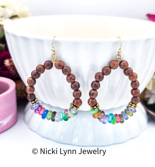 Rosewood Bead Hoop Earrings with Multicolor Glass Beads, Nicki Lynn Jewelry 