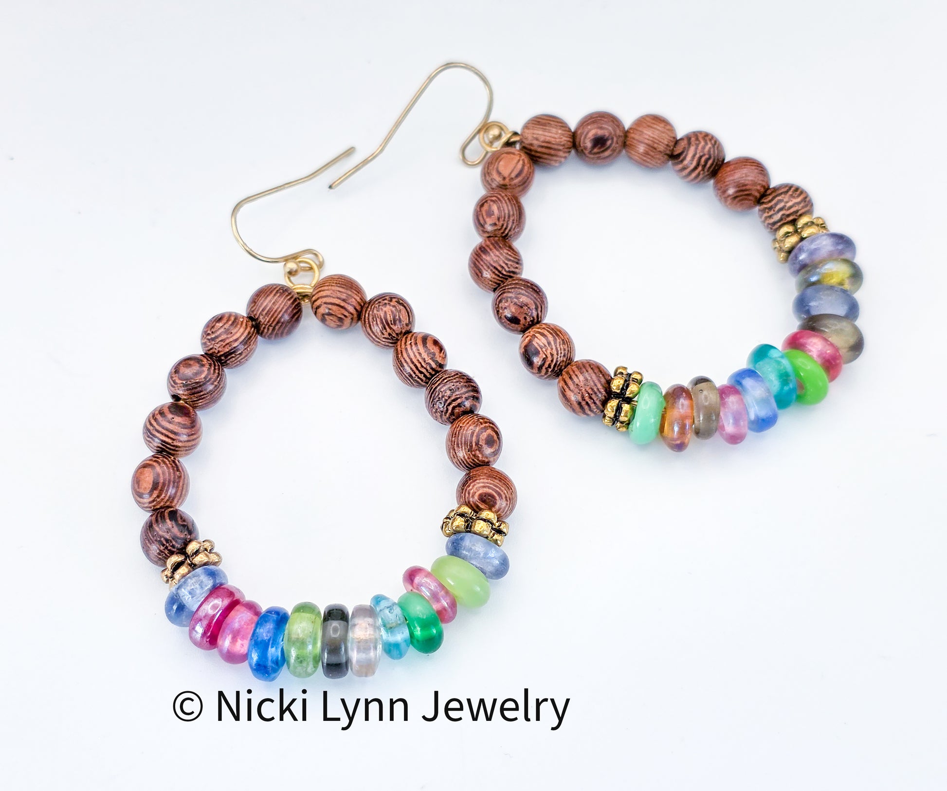 Rosewood Bead Hoop Earrings with Multicolor Glass Beads, Nicki Lynn Jewelry 