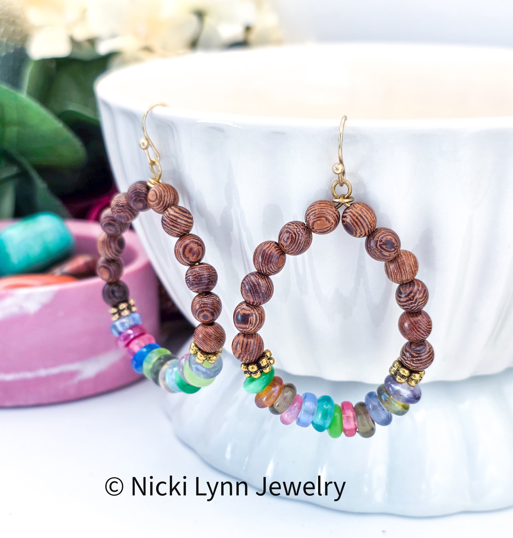 Rosewood Bead Hoop Earrings with Multicolor Glass Beads, Nicki Lynn Jewelry 