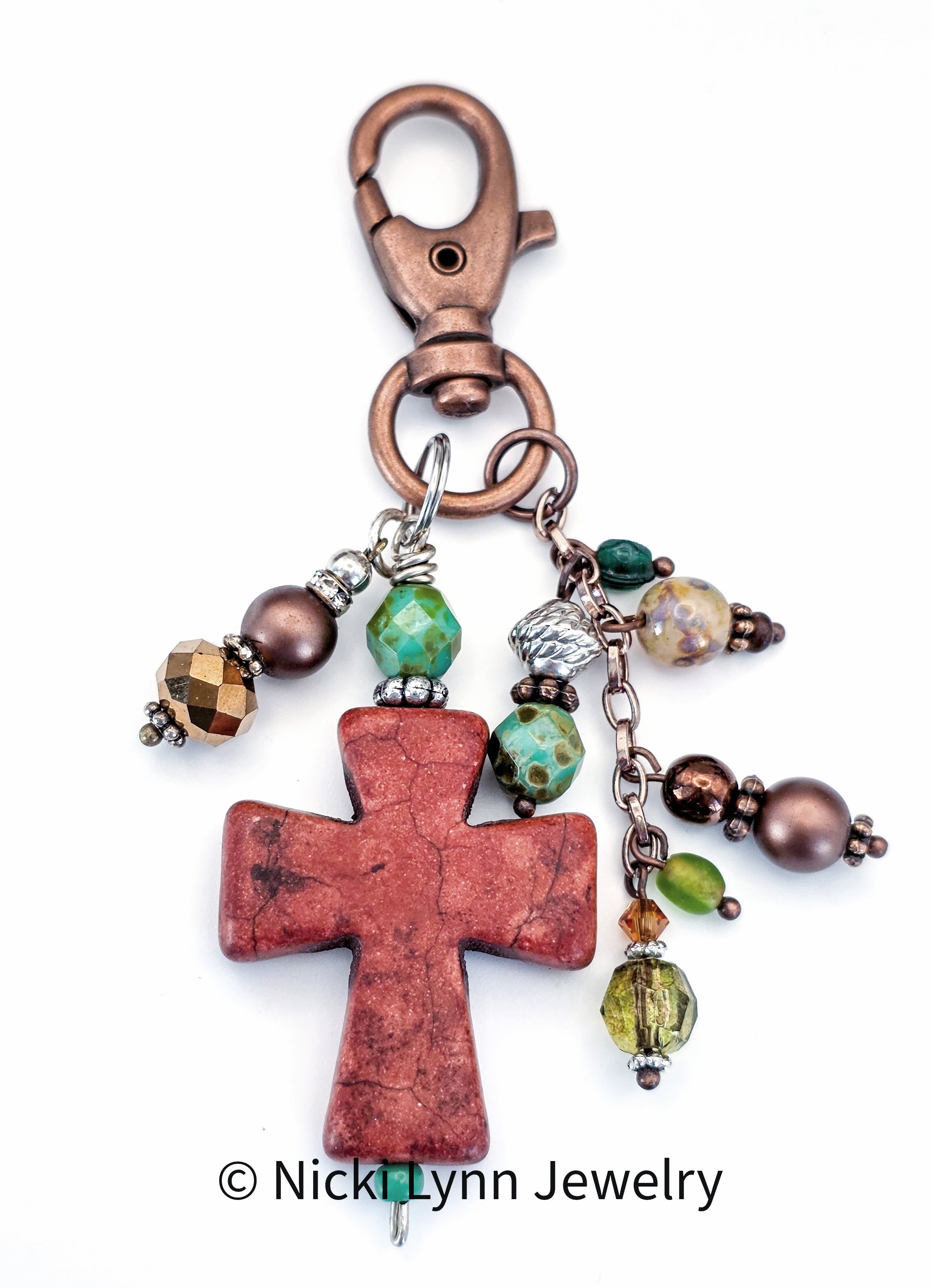 Large Cross Bag Charm, Czech Glass Beads, Bold Purse Charm