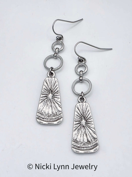 Rustic Pewter Sunburst Drop Earrings, Nicki Lynn Jewelry
