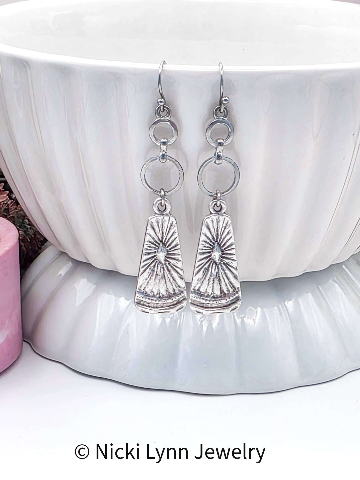 Rustic Pewter Sunburst Drop Earrings, Nicki Lynn Jewelry