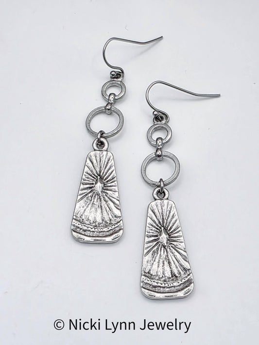 Rustic Pewter Sunburst Drop Earrings, Nicki Lynn Jewelry