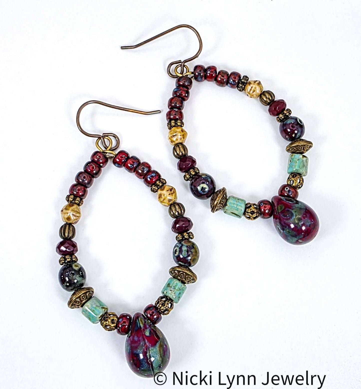 Czech Picasso Beaded Hoop Earrings |  Earthy Statement Jewelry