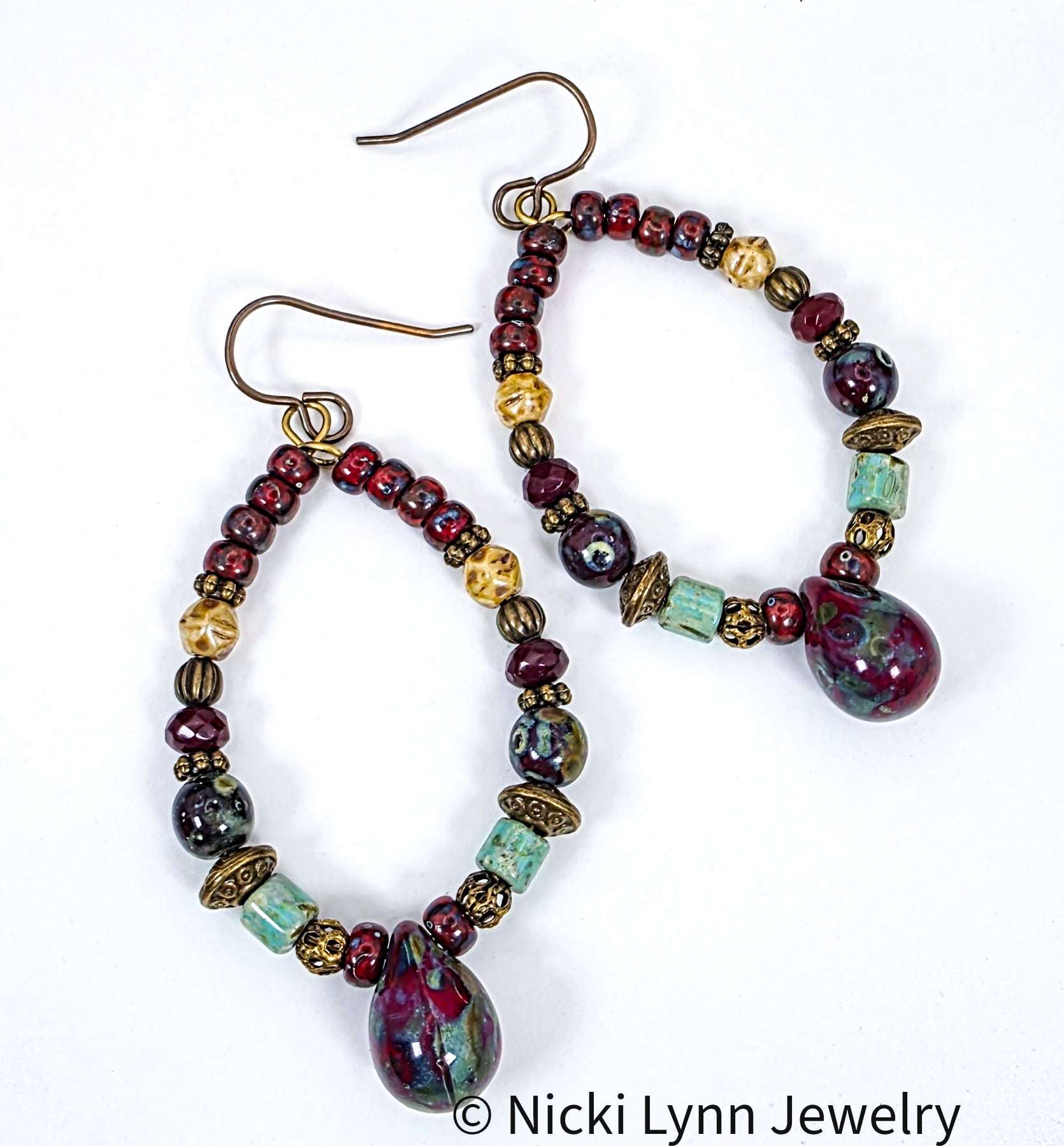 Czech Picasso Beaded Hoop Earrings |  Earthy Statement Jewelry