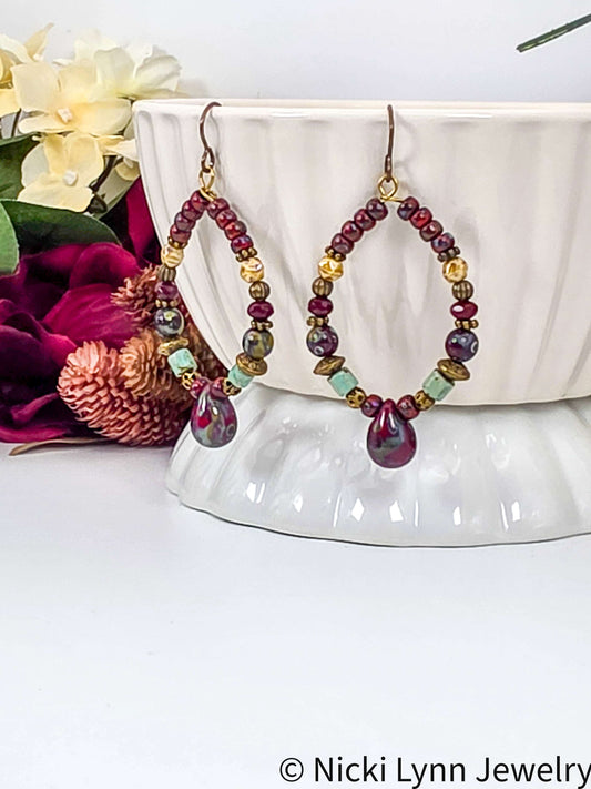 Czech Picasso Beaded Hoop Earrings |  Earthy Statement Jewelry