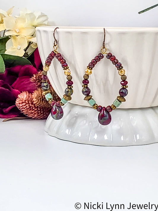 Czech Picasso Beaded Hoop Earrings |  Earthy Statement Jewelry