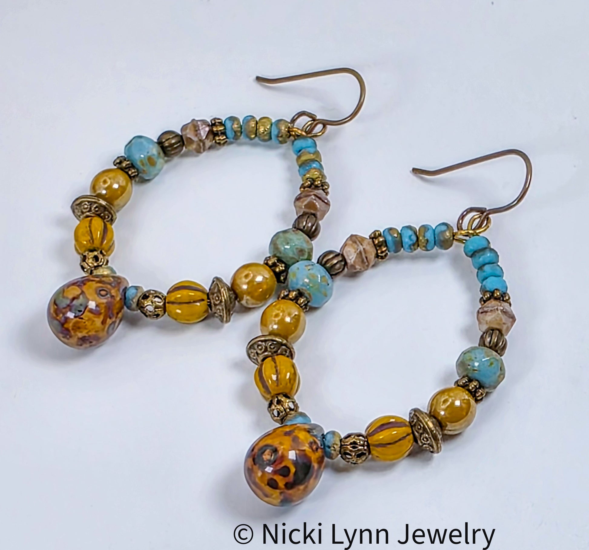 Boho Turquoise & Mustard Beaded Hoop Earrings, Nicki Lynn Jewelry