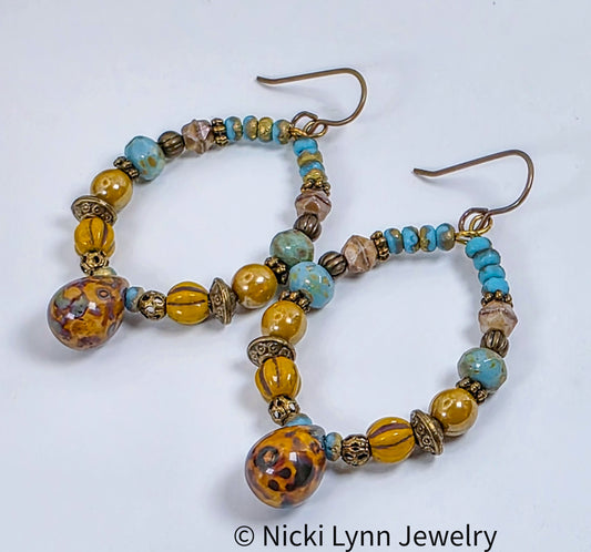 Boho Turquoise & Mustard Beaded Hoop Earrings, Nicki Lynn Jewelry