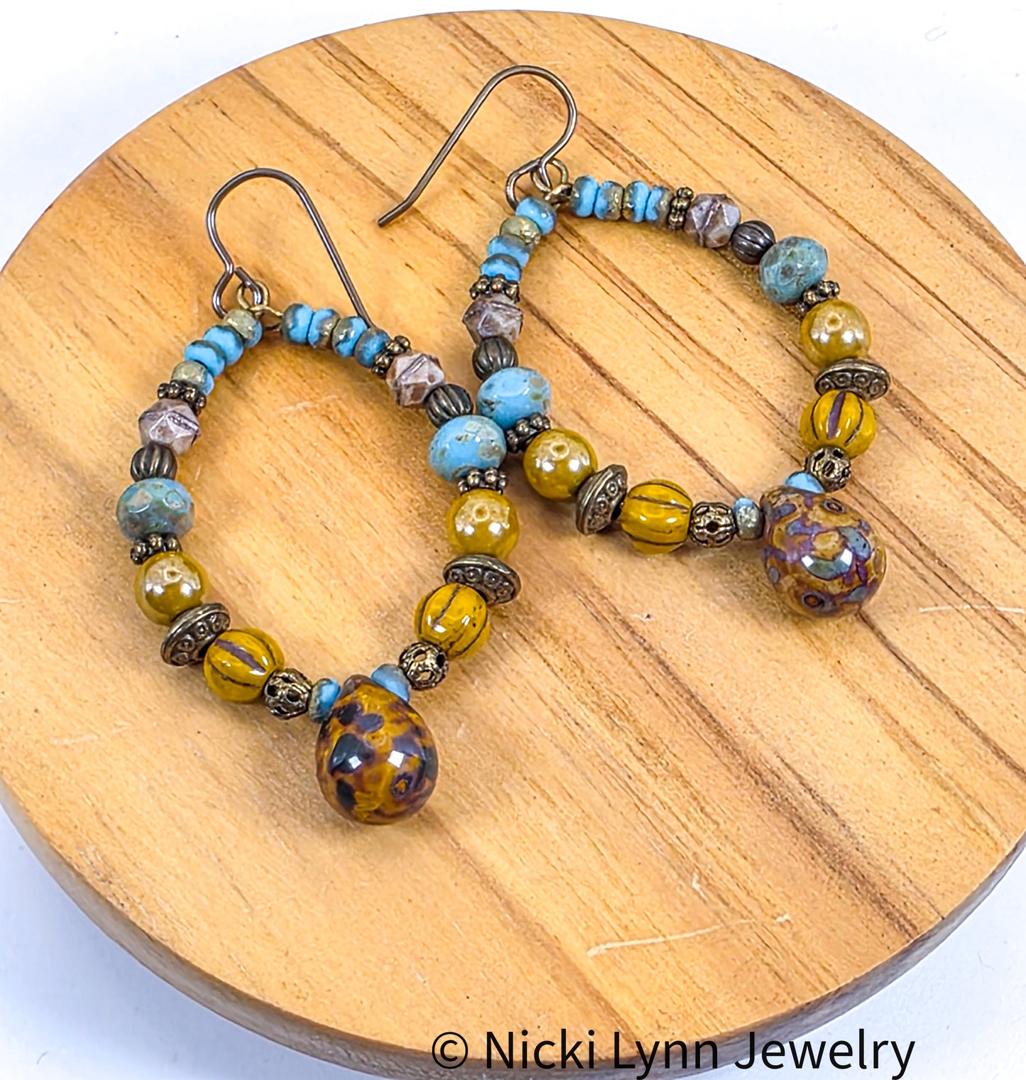 Boho Turquoise & Mustard Beaded Hoop Earrings, Nicki Lynn Jewelry