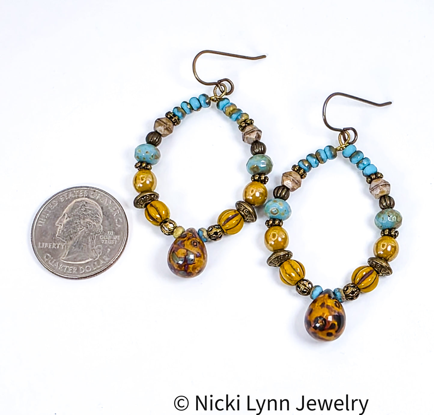 Boho Turquoise & Mustard Beaded Hoop Earrings, Nicki Lynn Jewelry