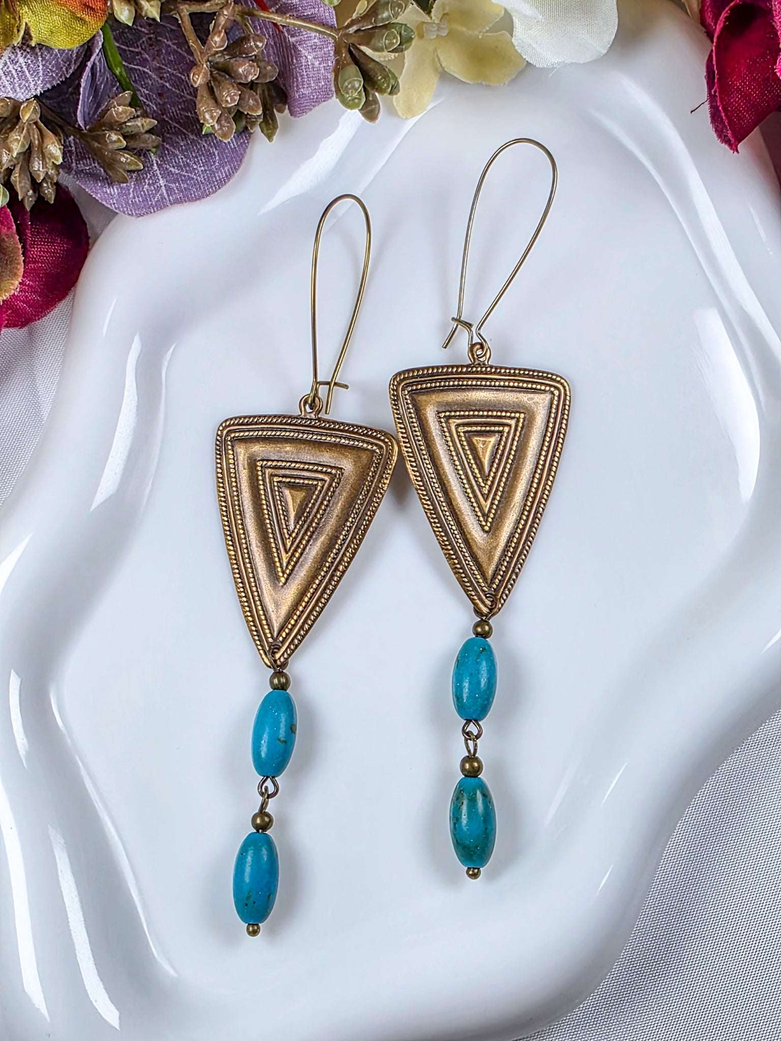 Geometric Brass Triangle Drops with Turquoise, Nicki Lynn Jewelry 