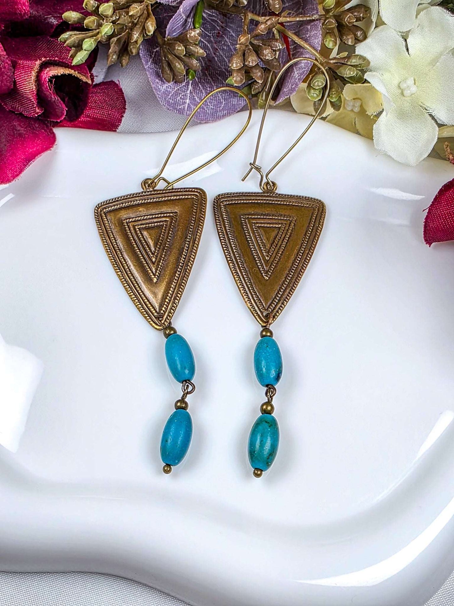 Geometric Brass Triangle Drops with Turquoise, Nicki Lynn Jewelry 