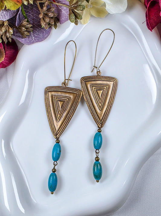 Geometric Brass Triangle Drops with Turquoise, Nicki Lynn Jewelry 