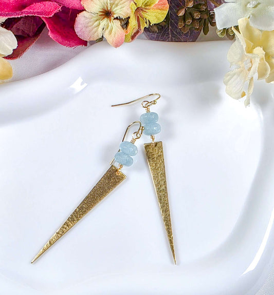 Aquamarine & Hammered Brass Spike Earrings, Nicki Lynn Jewelry 