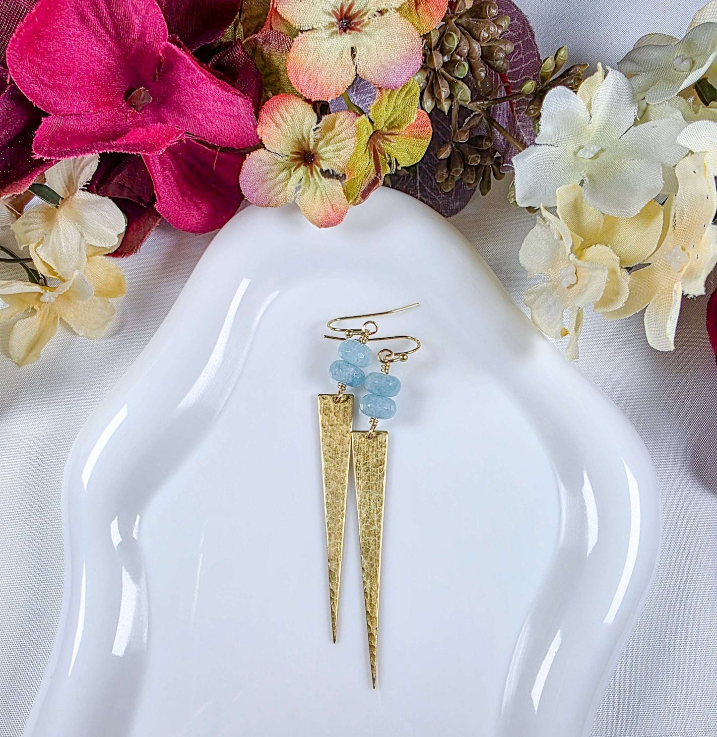 Aquamarine & Hammered Brass Spike Earrings, Nicki Lynn Jewelry 
