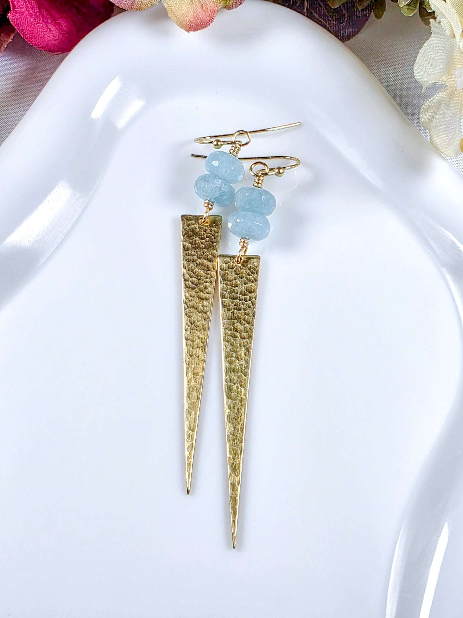 Aquamarine & Hammered Brass Spike Earrings, Nicki Lynn Jewelry 