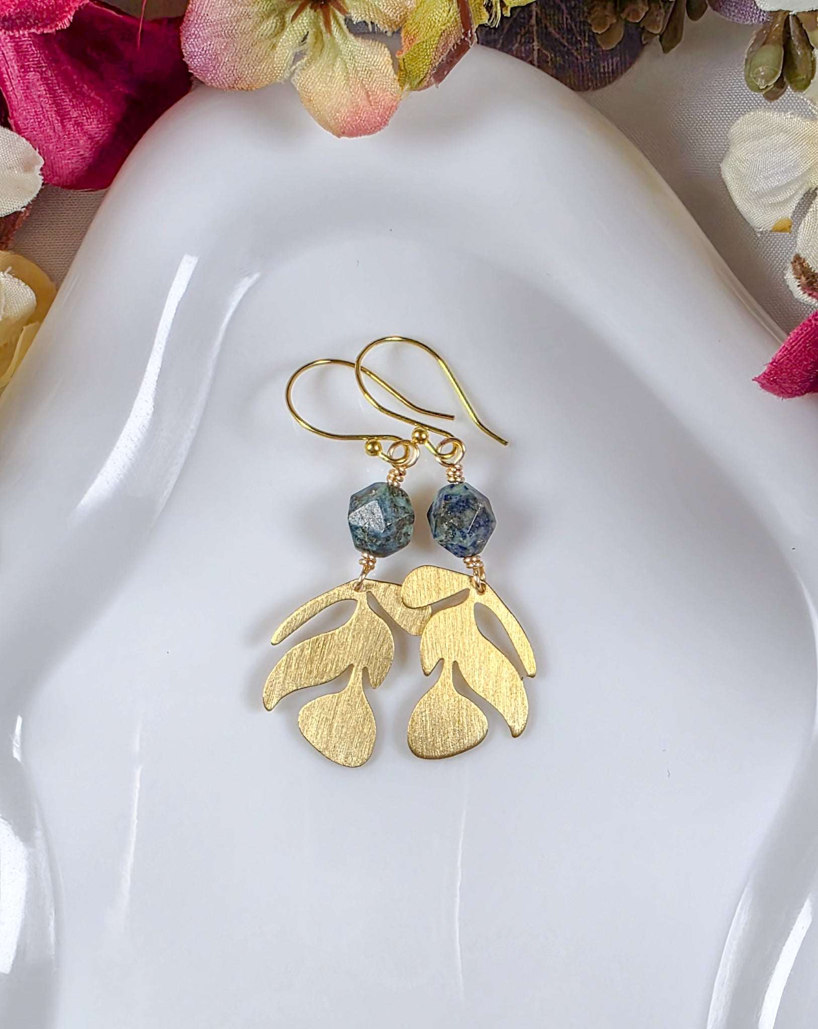 Gold Leaf Earrings with Blue Apatite Gemstones, Nicki Lynn Jewelry 