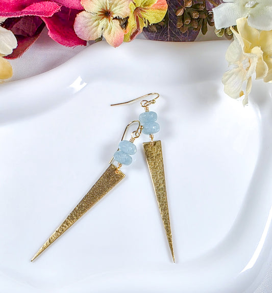 Aquamarine & Hammered Brass Spike Earrings, Nicki Lynn Jewelry 
