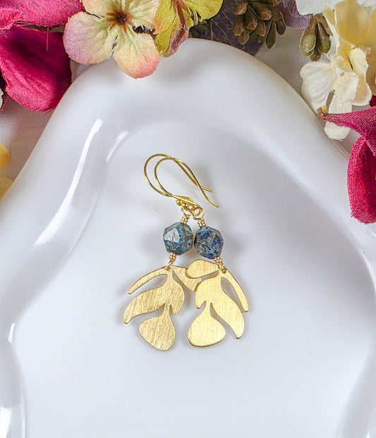 Gold Leaf Earrings with Blue Apatite Gemstones, Nicki Lynn Jewelry 