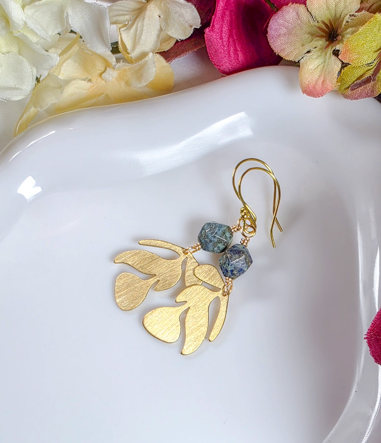 Gold Leaf Earrings with Blue Apatite Gemstones, Nicki Lynn Jewelry 