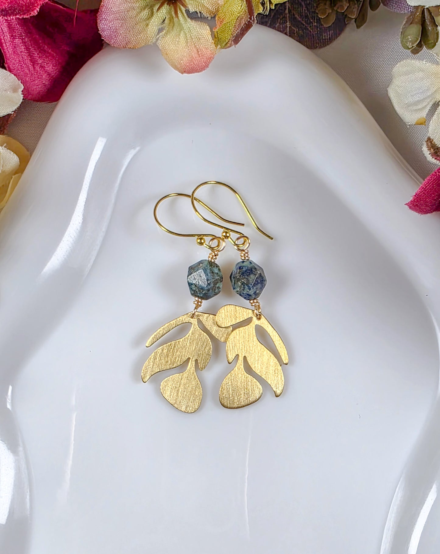 Gold Leaf Earrings with Blue Apatite Gemstones, Nicki Lynn Jewelry 