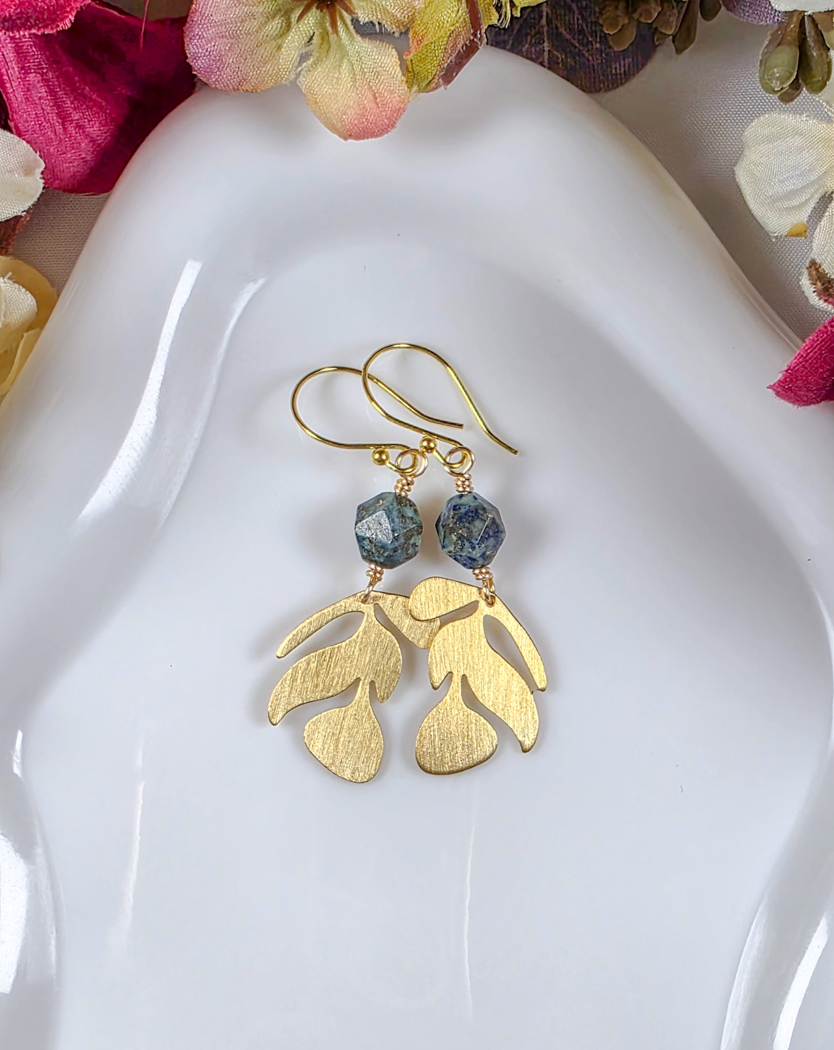 Gold Leaf Earrings with Blue Apatite Gemstones, Nicki Lynn Jewelry 