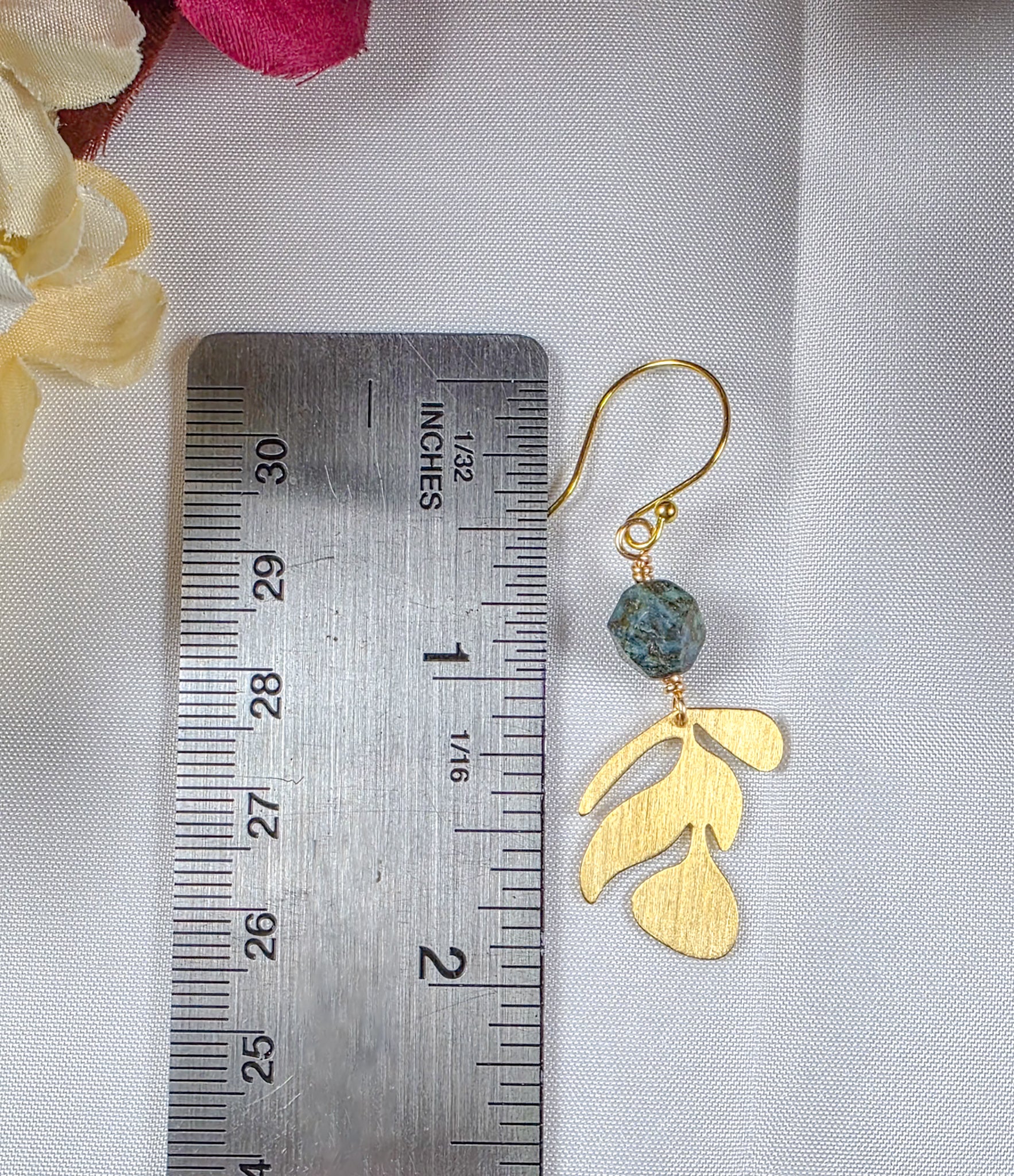 Gold Leaf Earrings with Blue Apatite Gemstones, Nicki Lynn Jewelry 