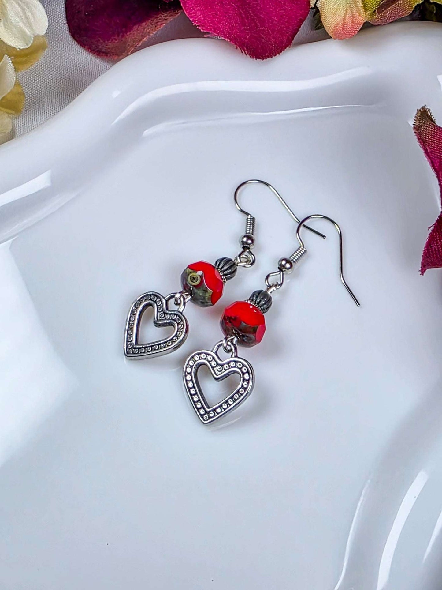 Red Czech Glass Heart Earrings, Nicki Lynn Jewelry