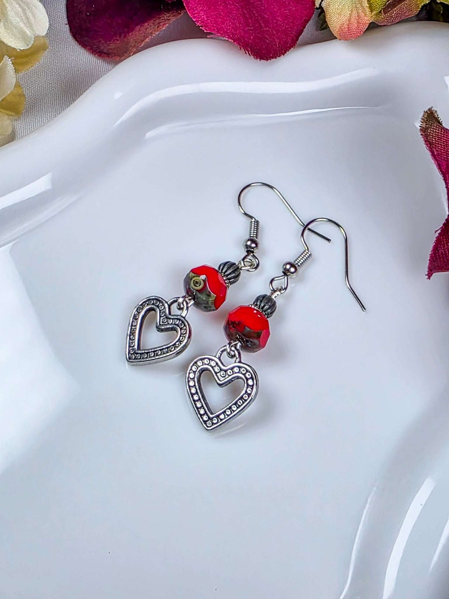 Red Czech Glass Heart Earrings, Nicki Lynn Jewelry