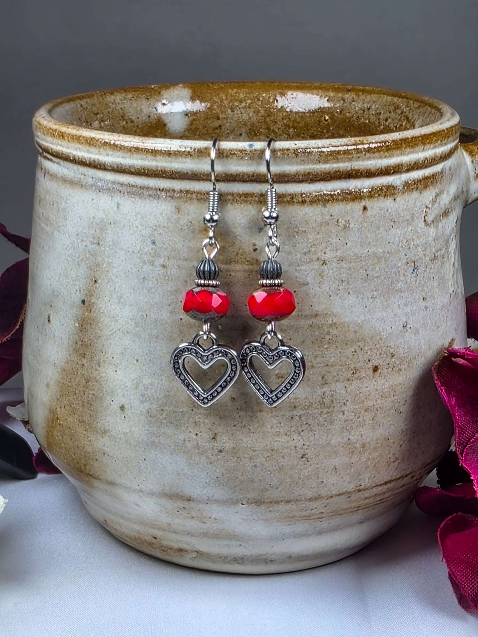 Red Czech Glass Heart Earrings, Nicki Lynn Jewelry