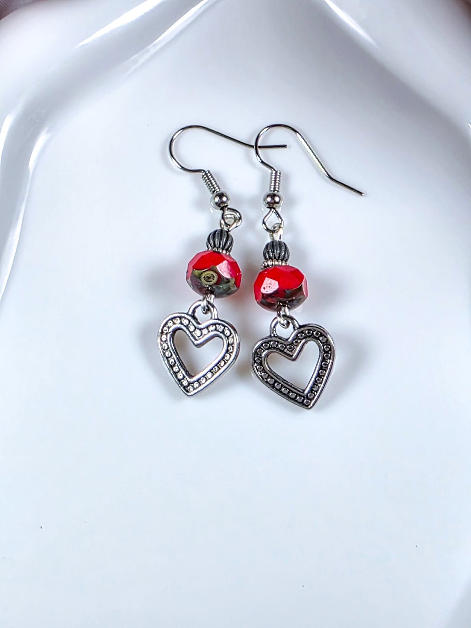 Red Czech Glass Heart Earrings, Nicki Lynn Jewelry 