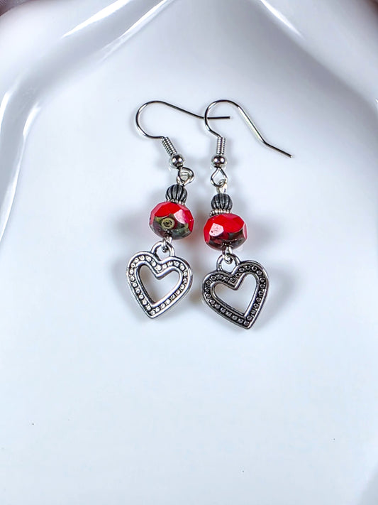 Red Czech Glass Heart Earrings, Nicki Lynn Jewelry 