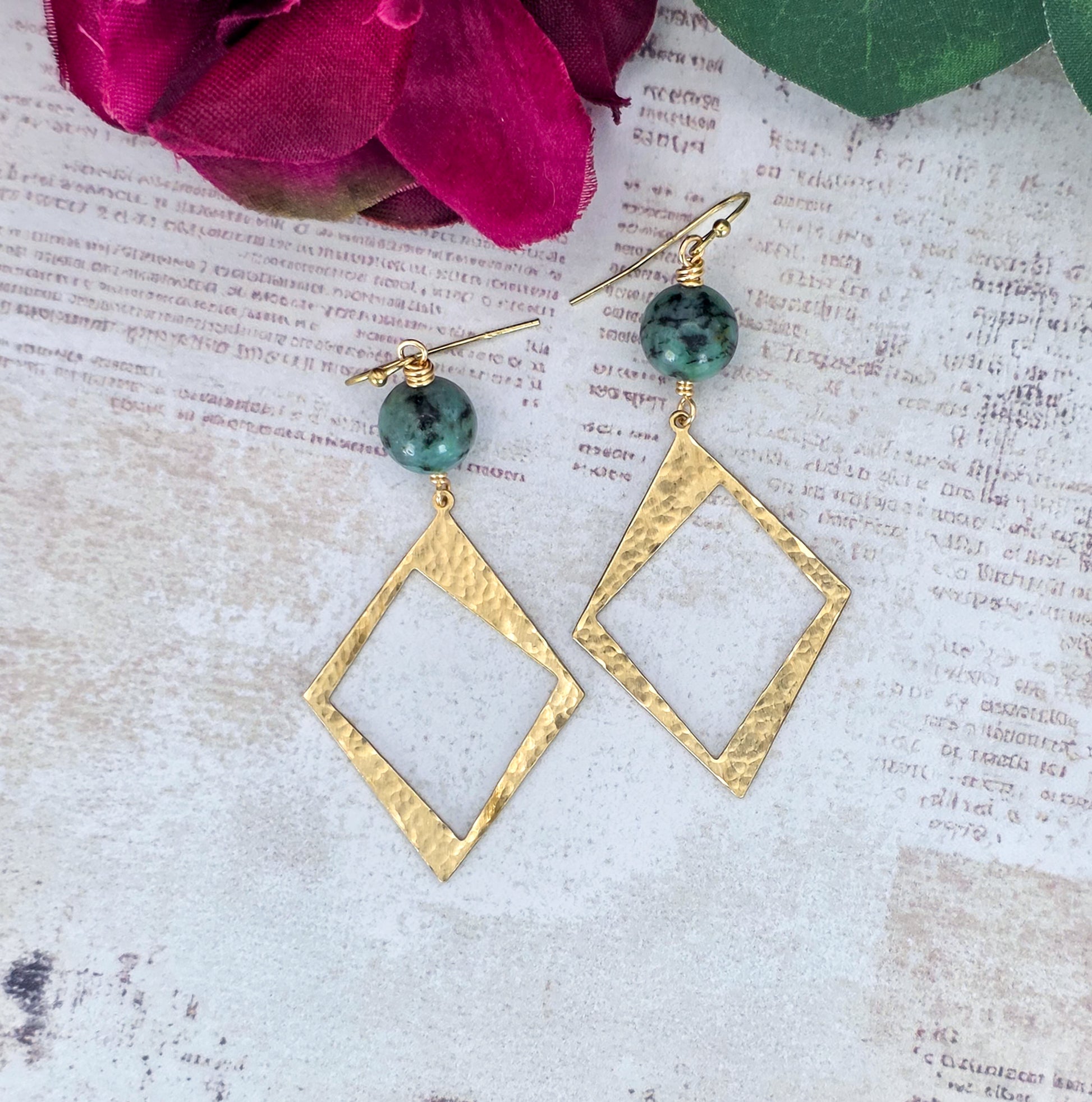 African Turquoise & Hammered Brass Diamond Earrings, Nicki Lynn Jewelry 
