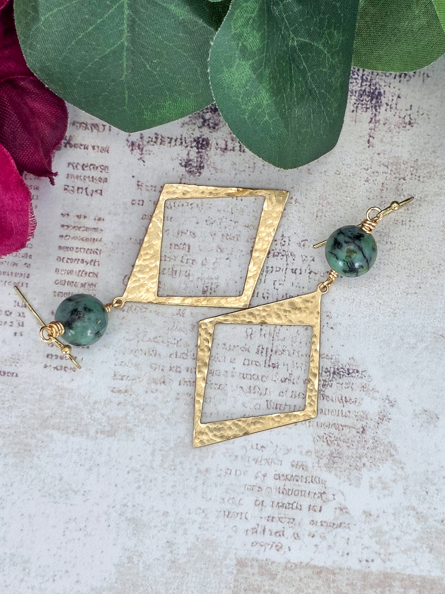 African Turquoise & Hammered Brass Diamond Earrings, Nicki Lynn Jewelry 