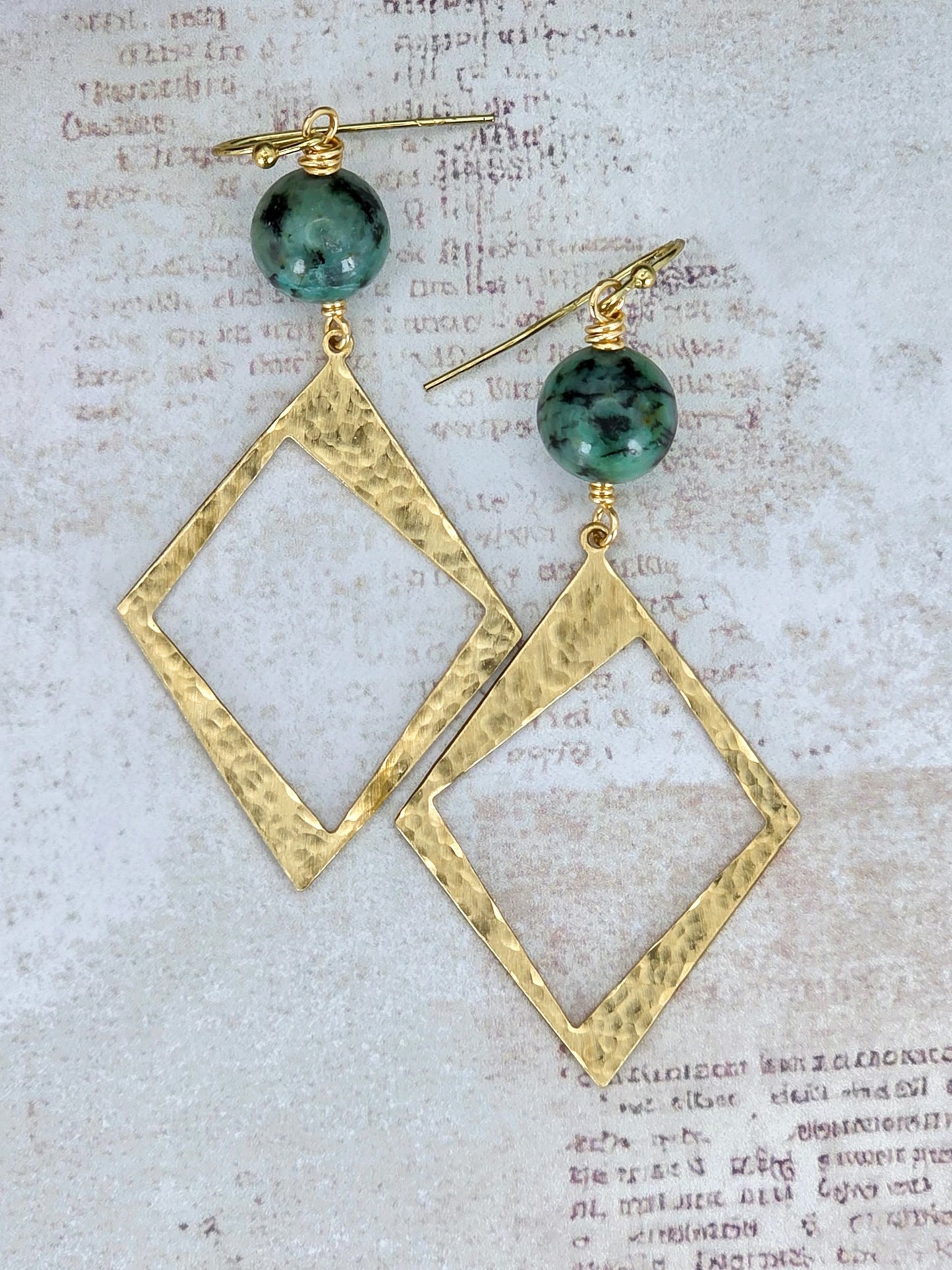 African Turquoise & Hammered Brass Diamond Earrings, Nicki Lynn Jewelry 