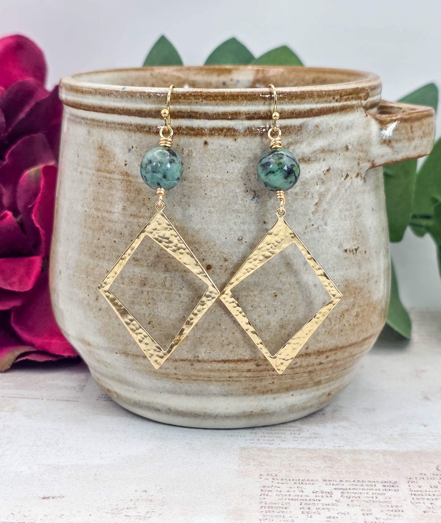 African Turquoise & Hammered Brass Diamond Earrings, Nicki Lynn Jewelry 